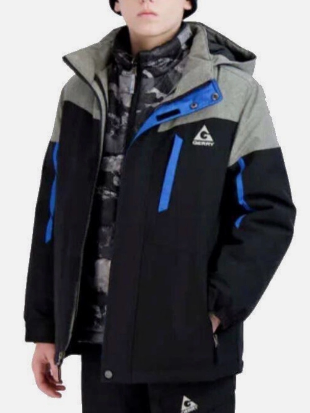 Gerry Black, Gray, & Blue Hooded Puffer Jacket; outer shell only